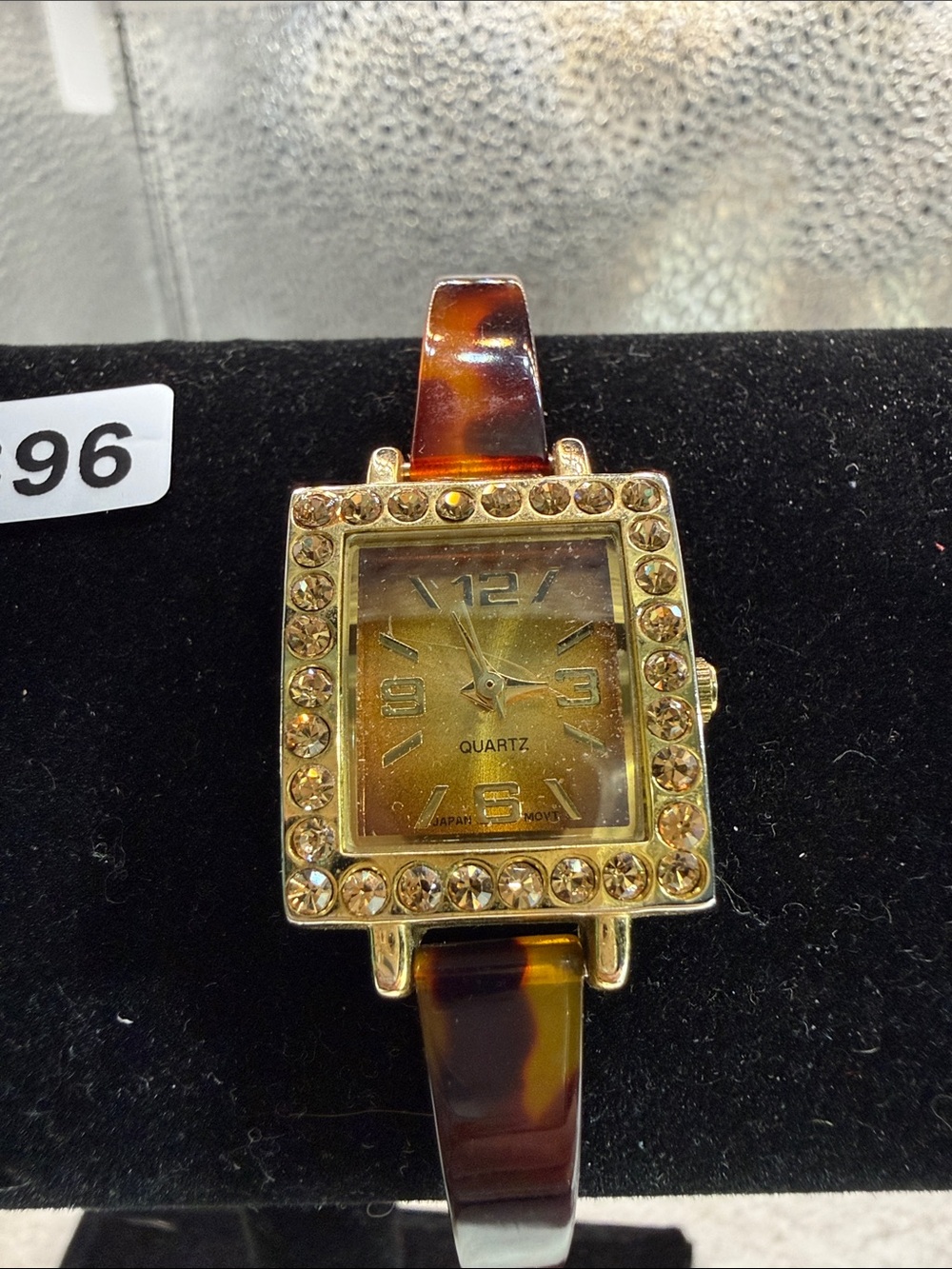 Gold-Tone Crystal Square Watch with Tortoiseshell Band